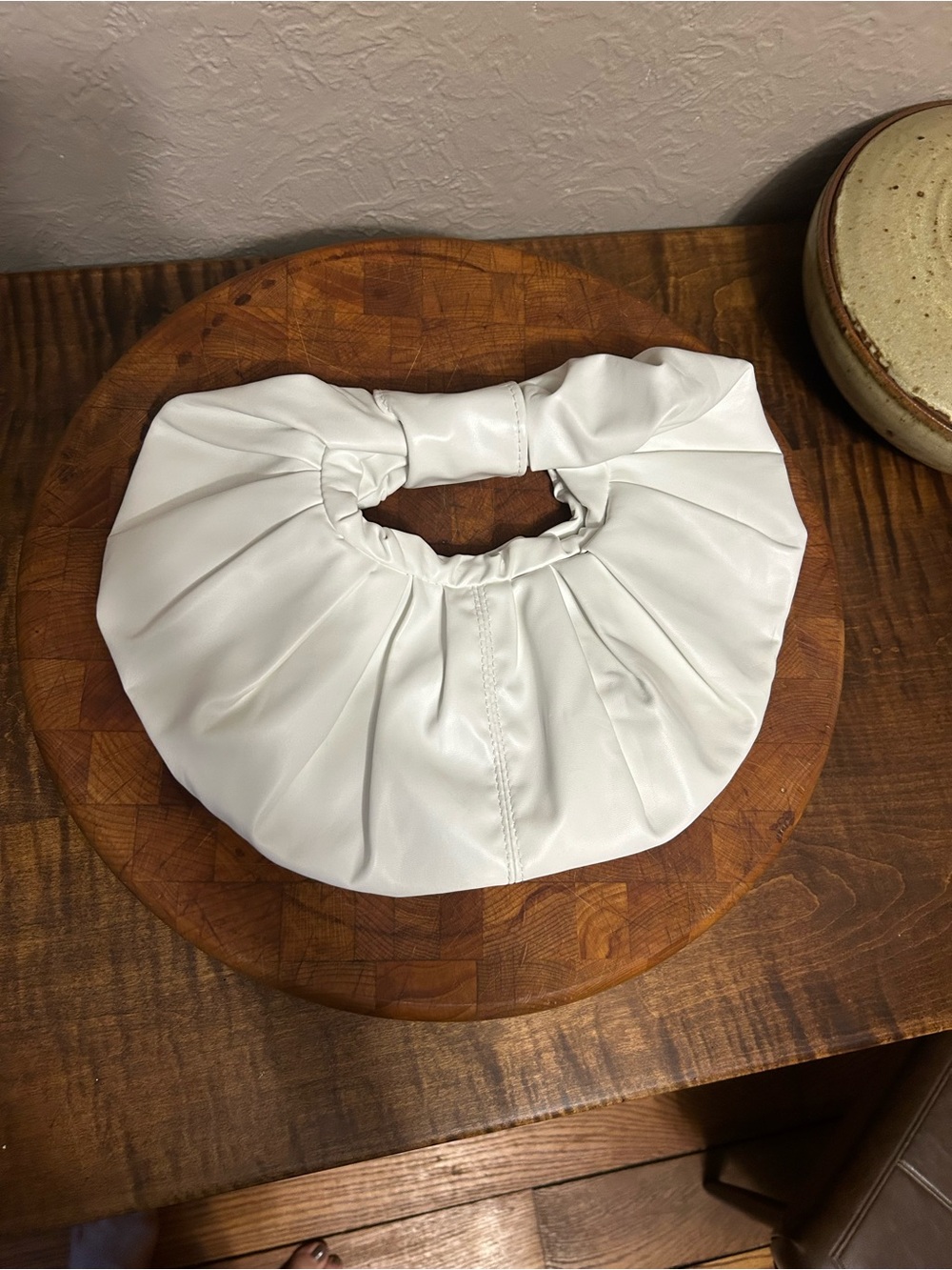 White Ruched Vegan Leather Top-Handle Clutch